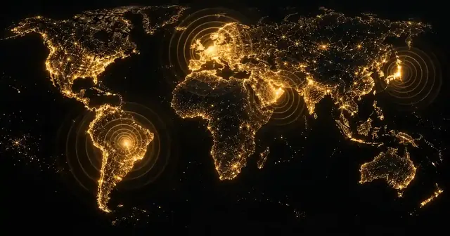 金色光點組成的世界地圖,各地區泛出聲波